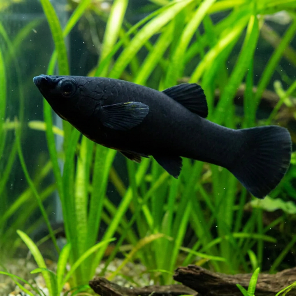 Black molly in planted vallisneria aquarium