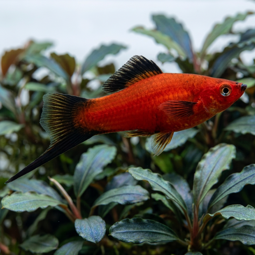 red swordtail with bucephalandra background