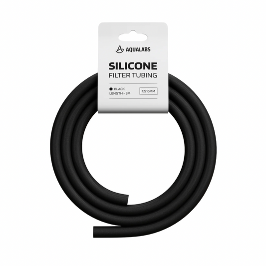 A coiled roll of black silicone filter tubing attached to a white retail header card, photographed on a plain white background. The card shows the brand AQUALABS and text reading SILICONE FILTER TUBING.