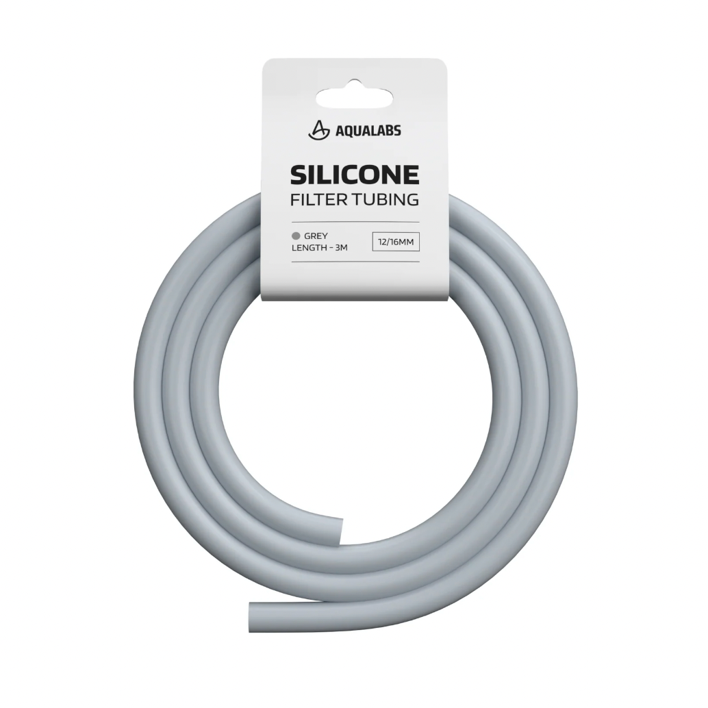 A coiled grey silicone filter tube in its original white retail packaging, branded by Aqualabs. The packaging clearly displays the text 'SILICONE FILTER TUBING' and specifies the grey color and 3-meter length.