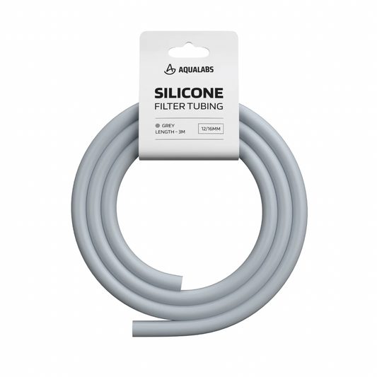 A coiled grey silicone filter tube in its original white retail packaging, branded by Aqualabs. The packaging clearly displays the text 'SILICONE FILTER TUBING' and specifies the grey color and 3-meter length.