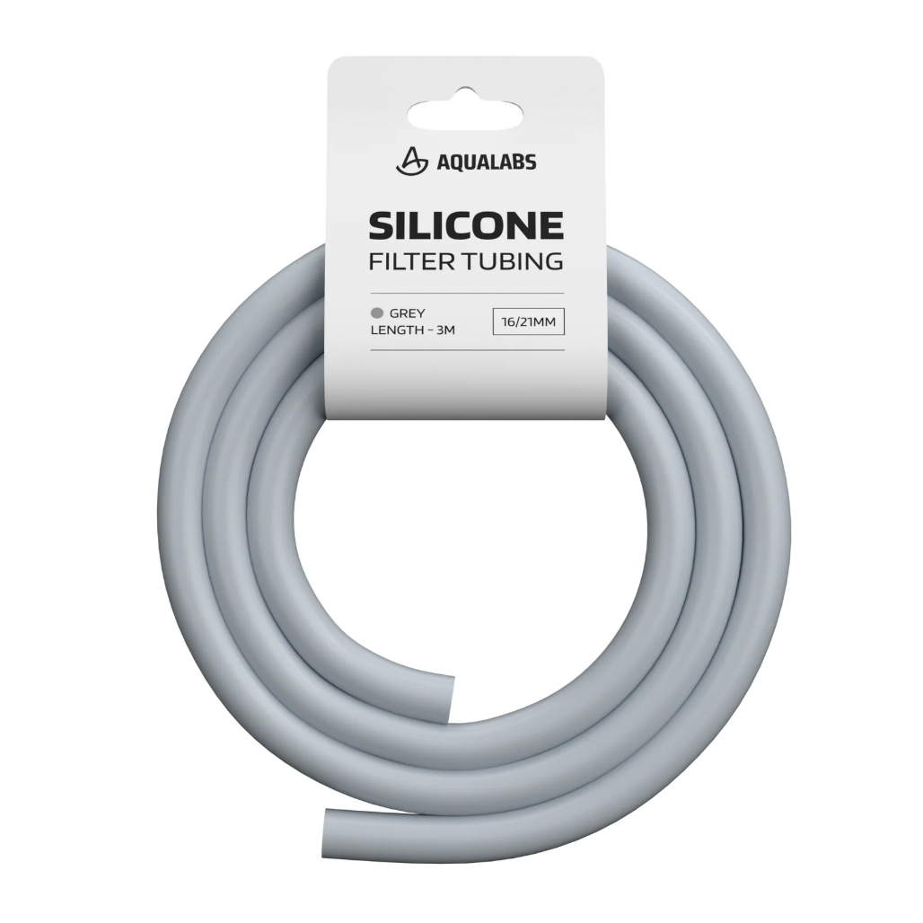 A coiled grey silicone filter tubing with a white paper header card printed with 'AQUALABS SILICONE FILTER TUBING' on a plain white background.