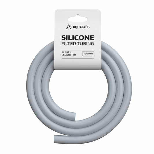 A coiled grey silicone filter tubing with a white paper header card printed with 'AQUALABS SILICONE FILTER TUBING' on a plain white background.
