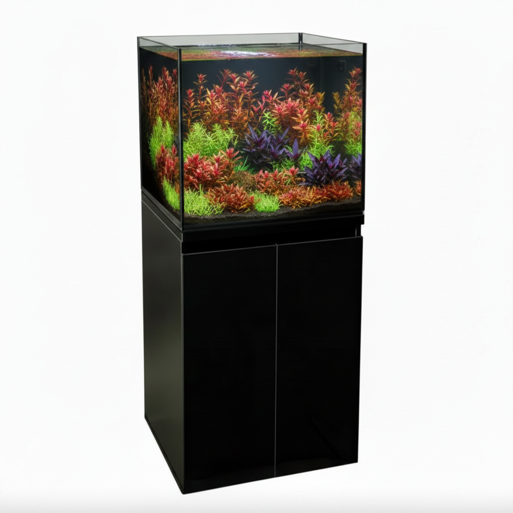 Black aquarium with green aquatic plants on a white background