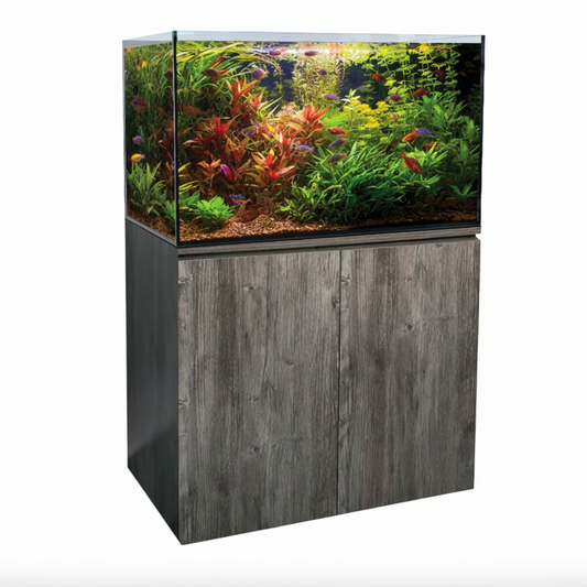 Aquarium with wooden stand on a white background