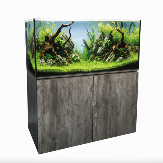 Aquarium with wooden stand on a white background