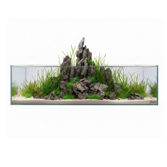 A rectangular glass aquarium with a minimalist landscape setup featuring dark gray rocks, bright green grass-like plants, and light beige sand, shown against a plain white background.