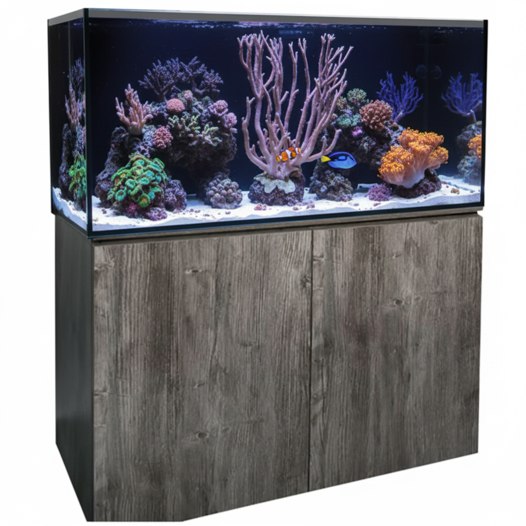 Fish tank with wooden cabinet on a white background