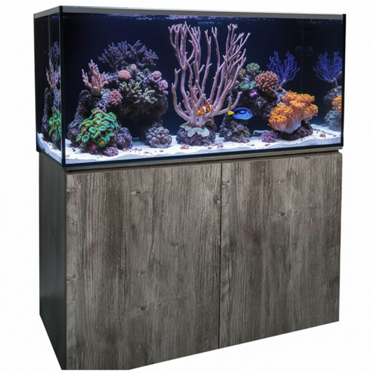 Fish tank with wooden cabinet on a white background