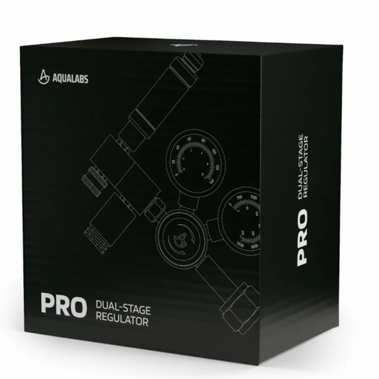 Black box packaging of Aqualabs Pro Dual-Stage Regulator on a white background