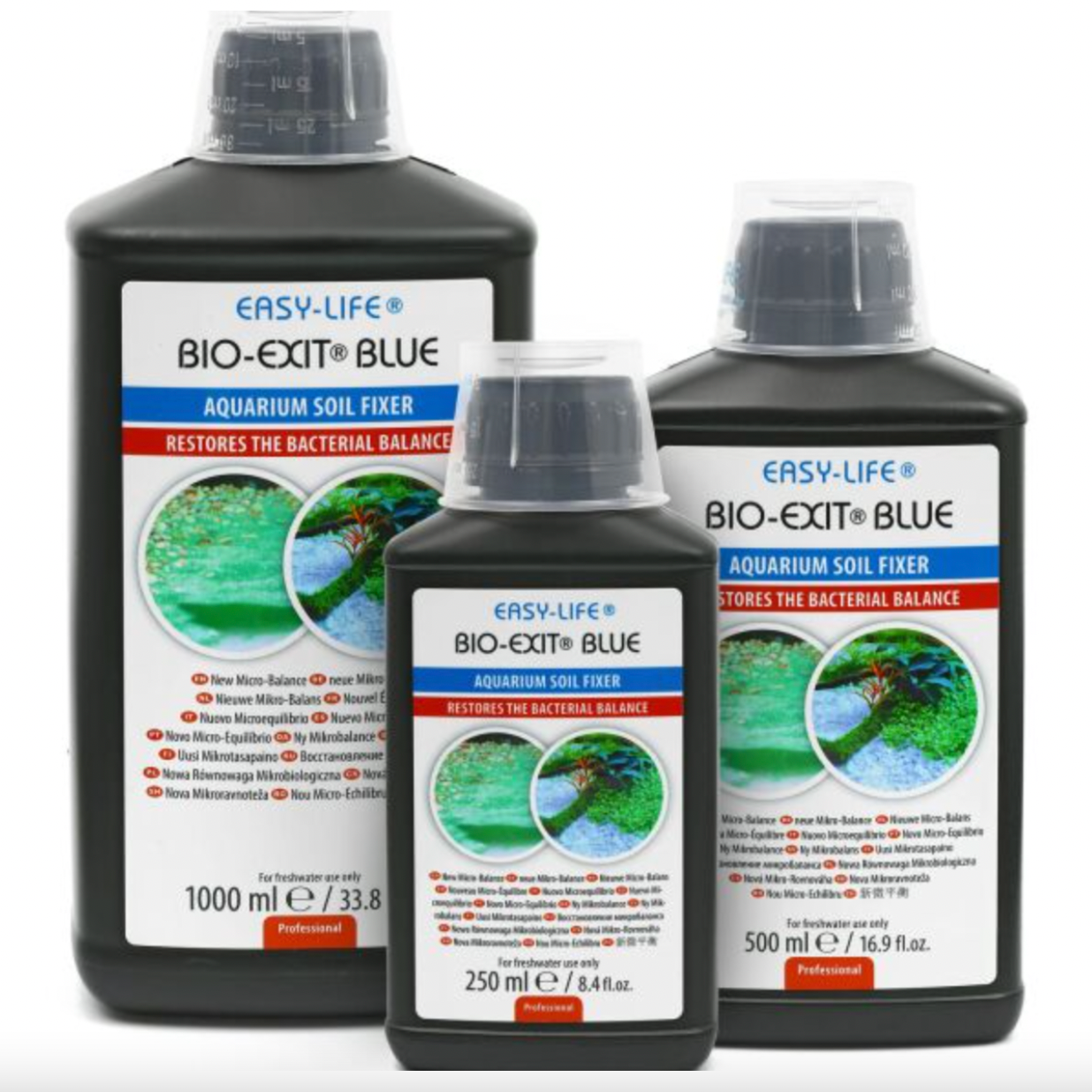 Three bottles of Easy-Life Bio-Exit Blue Aquarium Soil Fixer on a white background