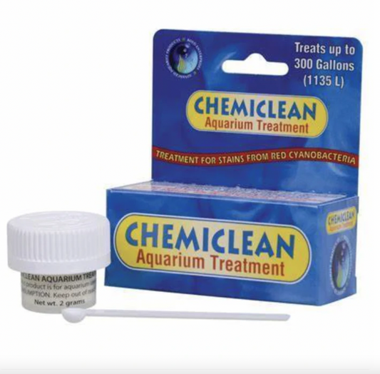 Chemiclean Aquarium Treatment packaging with a small container on a white background