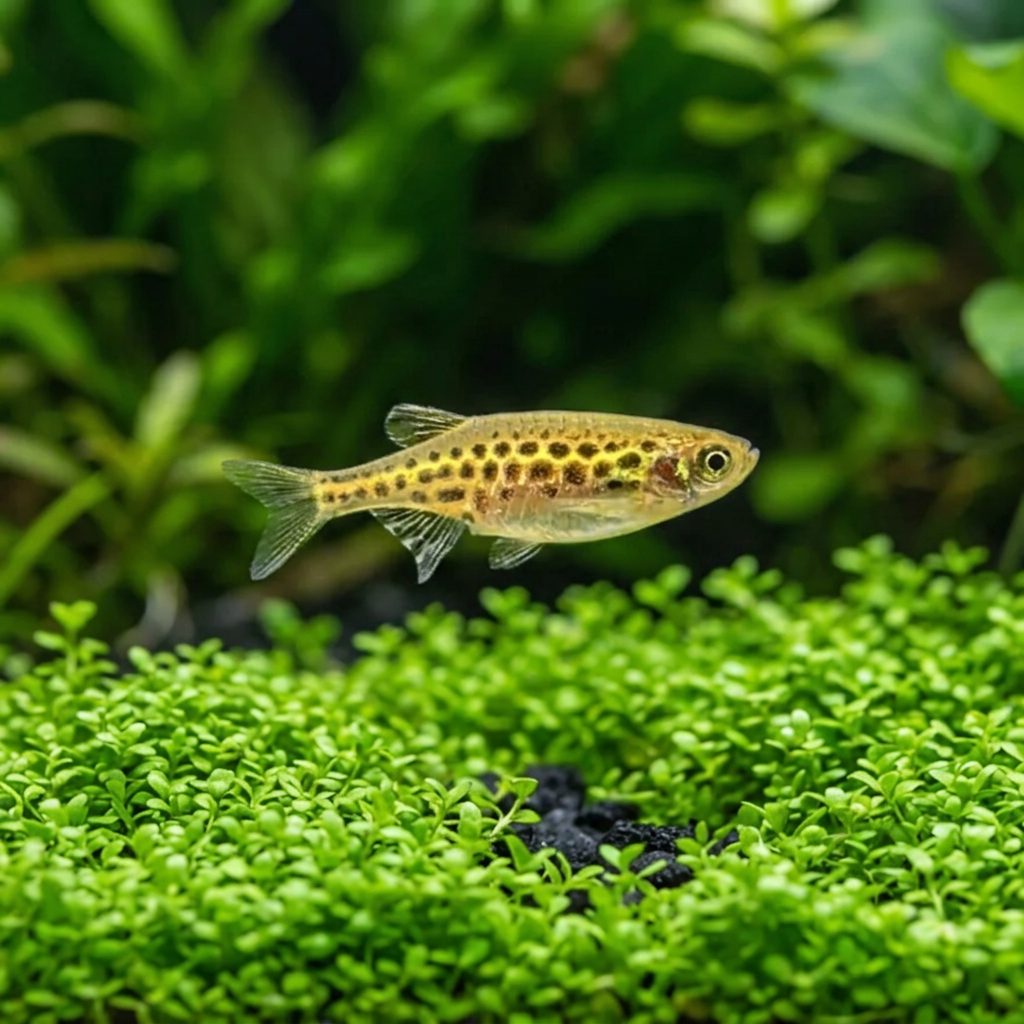 gold ring danio in lush green aquarium