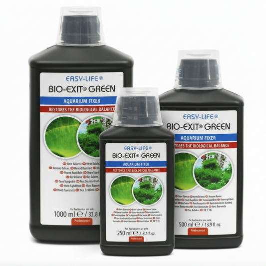 Three bottles of Easy-Life Bio-Exit Green aquarium fertilizer on a white background