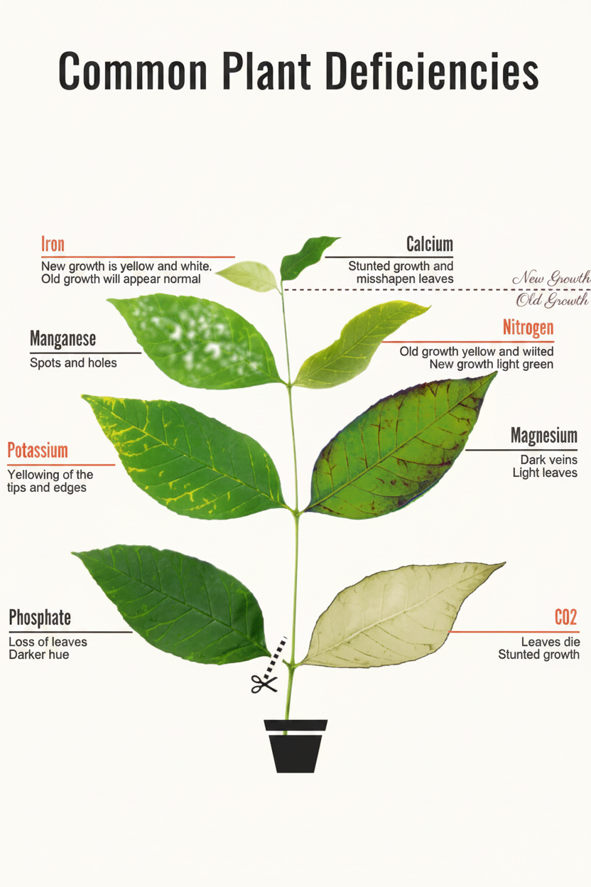 A plant growth deficiency infographic showing labeled leaf symptoms for Iron, Calcium, Manganese, Nitrogen, Magnesium, Phosphate, and CO2, with a potted plant at the bottom on a white background.