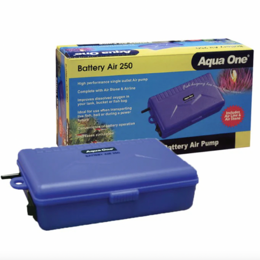Blue Aqua One Battery Air 250 pump with packaging on a white background