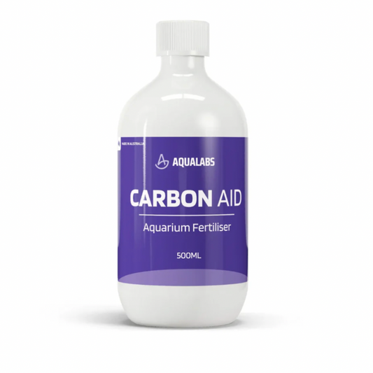 Bottle of Aqualabs Carbon Aid Aquarium Fertilizer on a white background