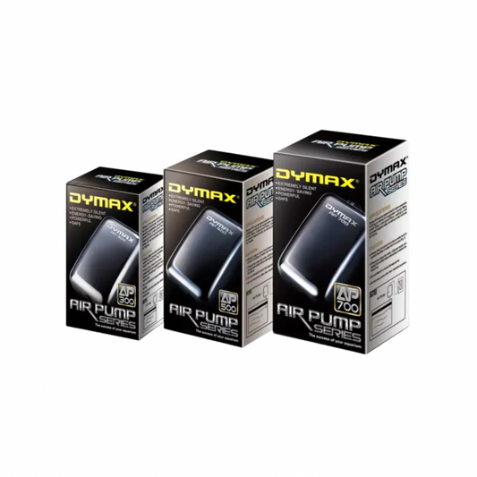 Three retail boxes of Dymax Air Pump Series AP 700+ shown on a plain white background, with the largest box on the right and smaller boxes on the left.